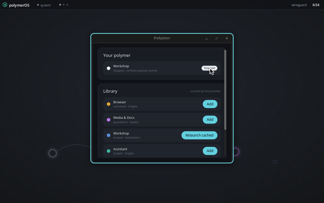 PolymerOS 0.0.6 candidate running in a virtual machine, with the Polymer library showing a verified Workshop runtime stopped and ready for a cached relaunch.